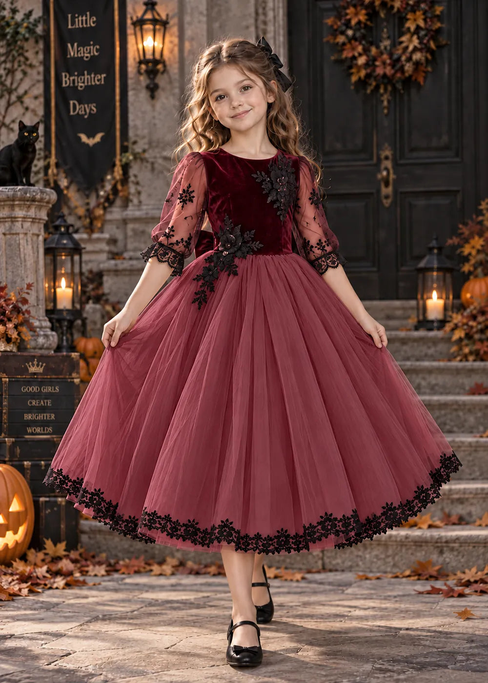 Front view of a burgundy flower Girl Dress with Floral Lace Hem.