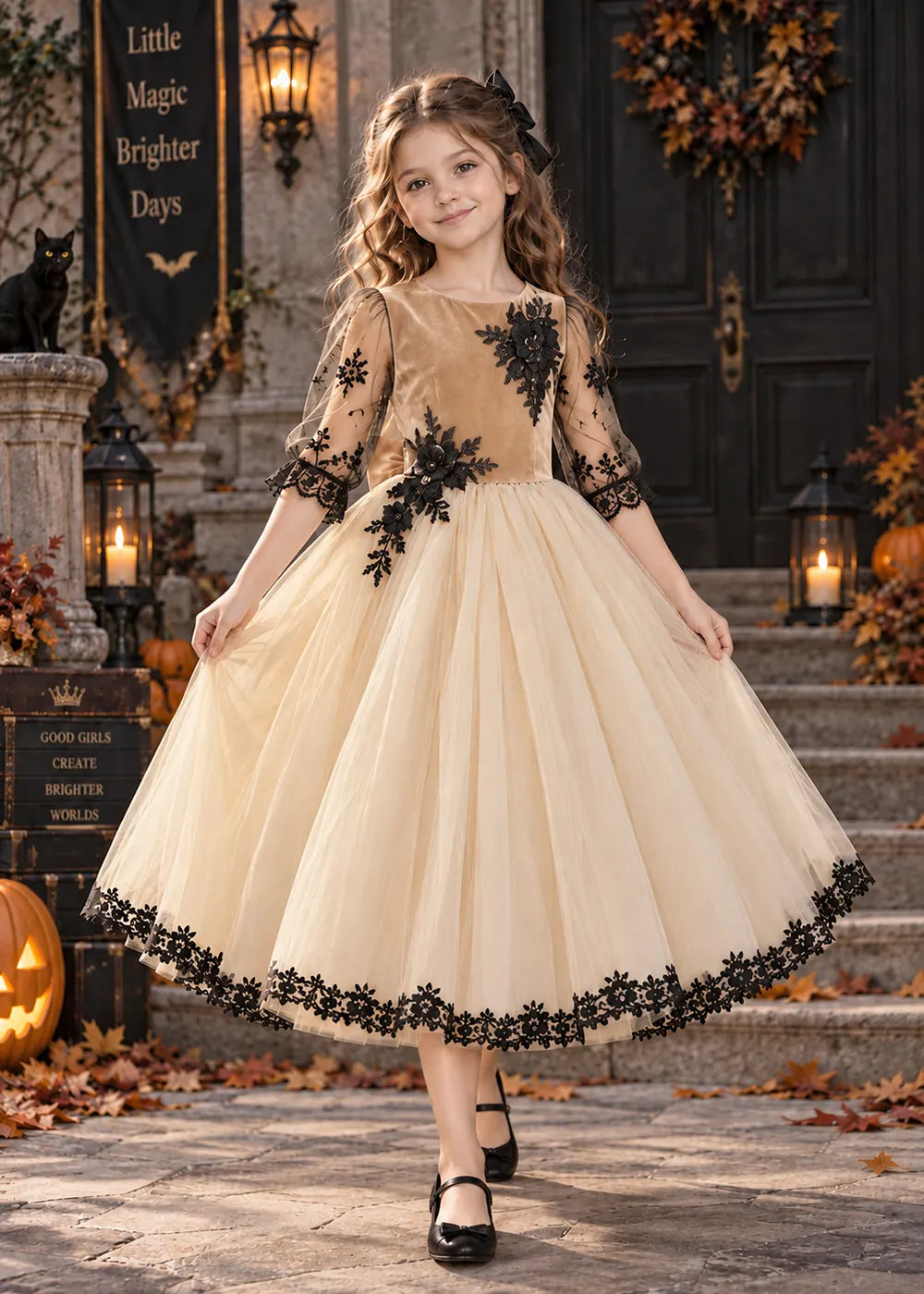 Front view of a champagne flower Girl Dress with Floral Lace Hem.