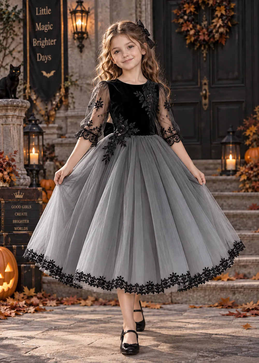 Front view of a charcoal gray flower Girl Dress with Floral Lace Hem.