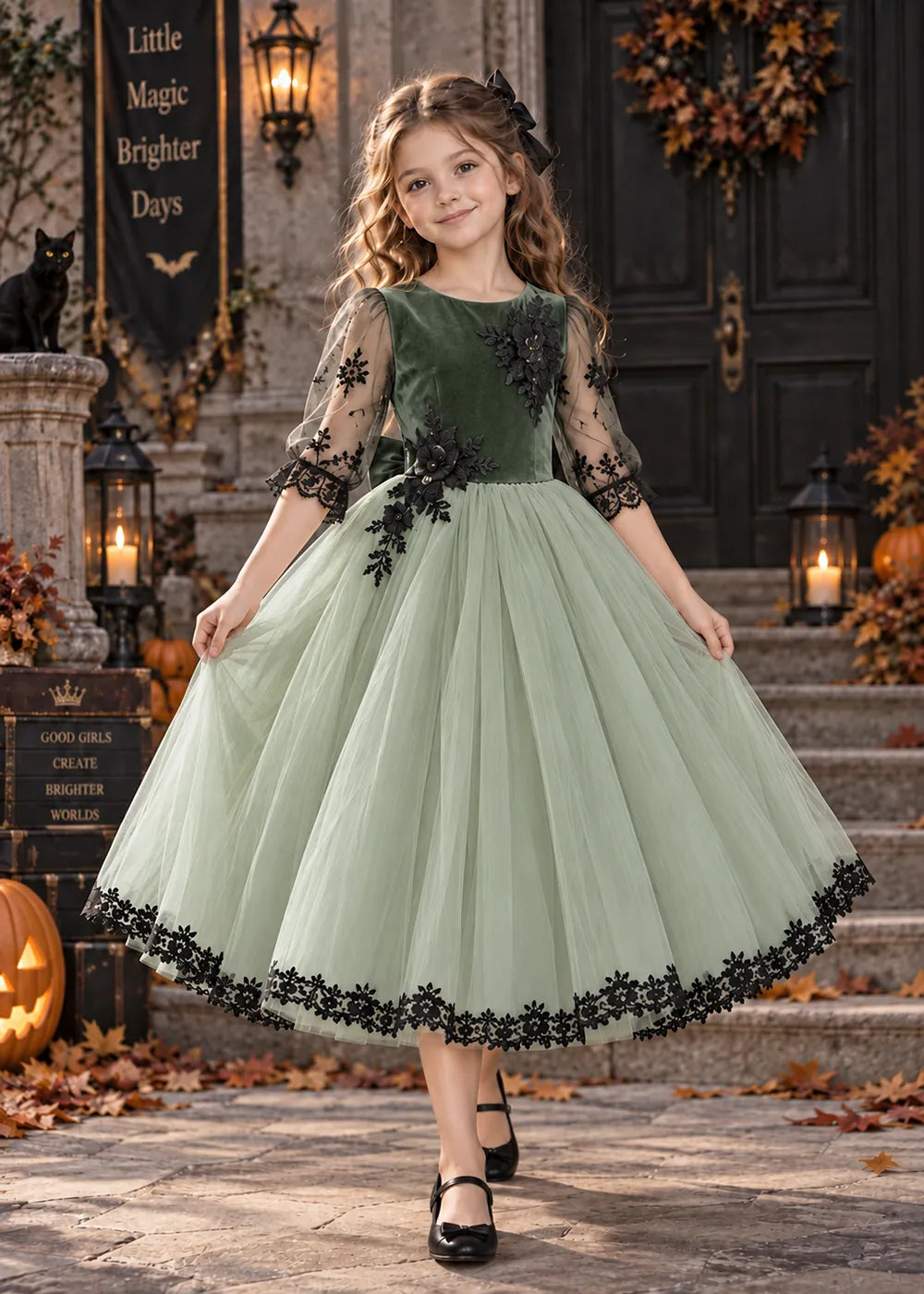 Front view of a sage green flower Girl Dress with Floral Lace Hem.