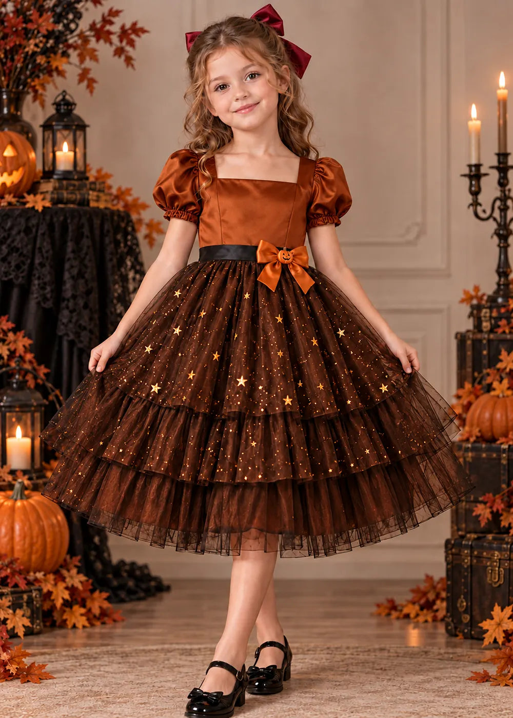 Front view of a burnt orange starry Flower Girl Dress.