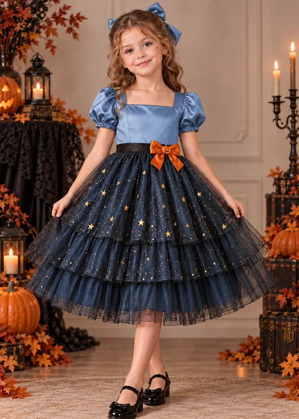 Front view of a dusty blue starry Flower Girl Dress.