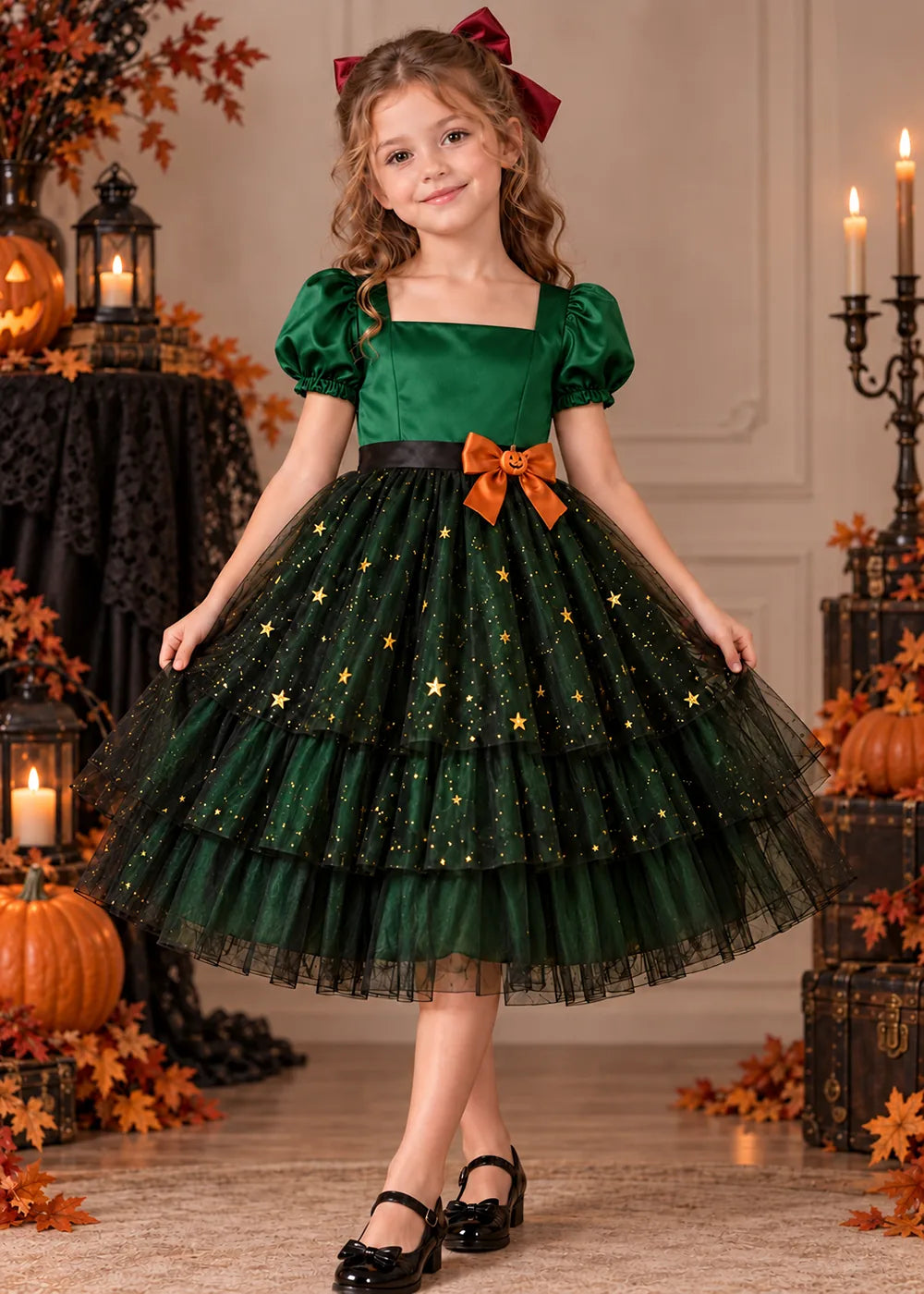 Front view of a emerald green starry Flower Girl Dress.