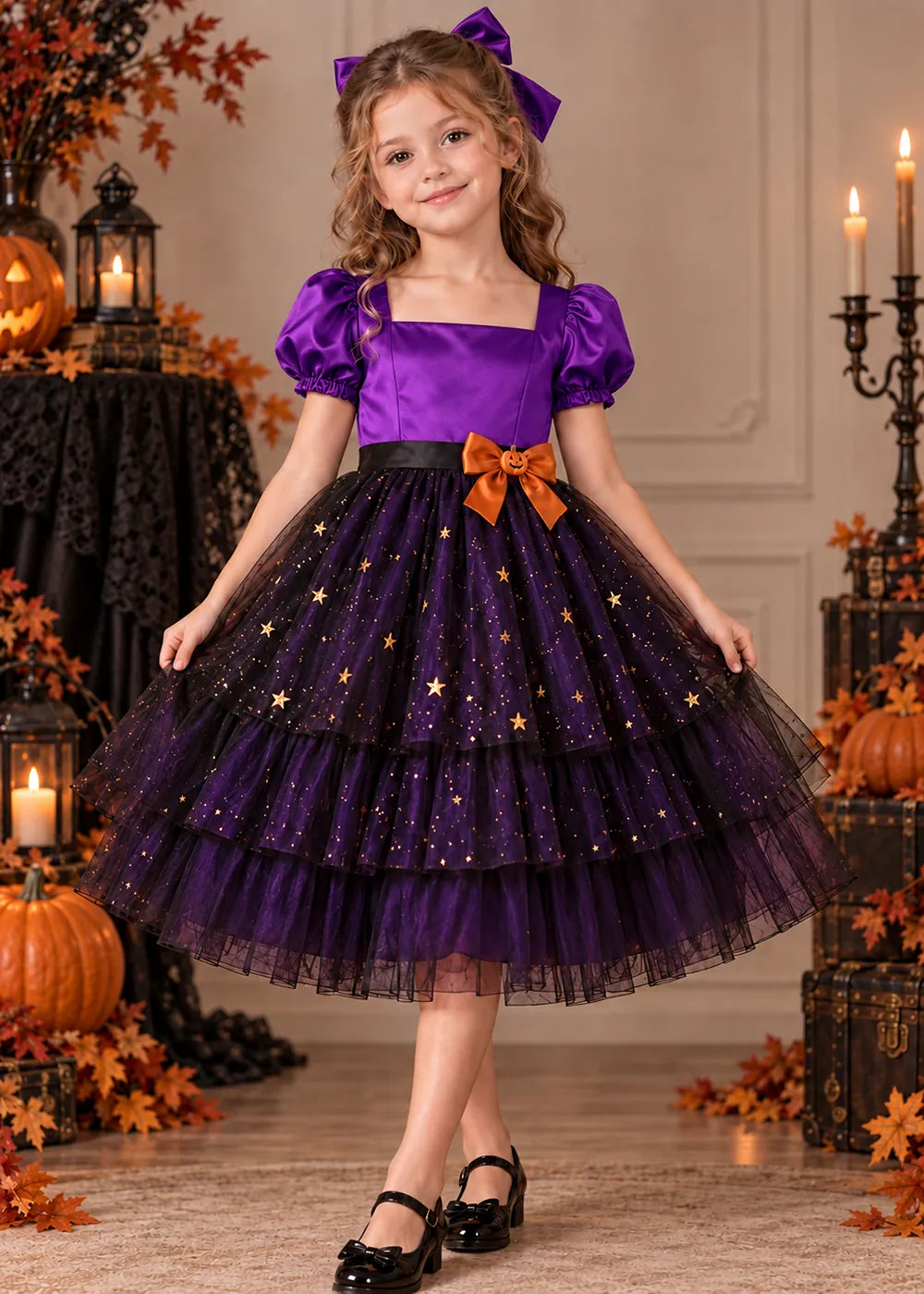 Front view of a purple starry Flower Girl Dress.