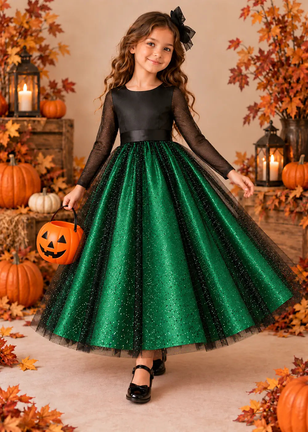Front view of a green long-Sleeve Glitter Tulle Halloween Dress.