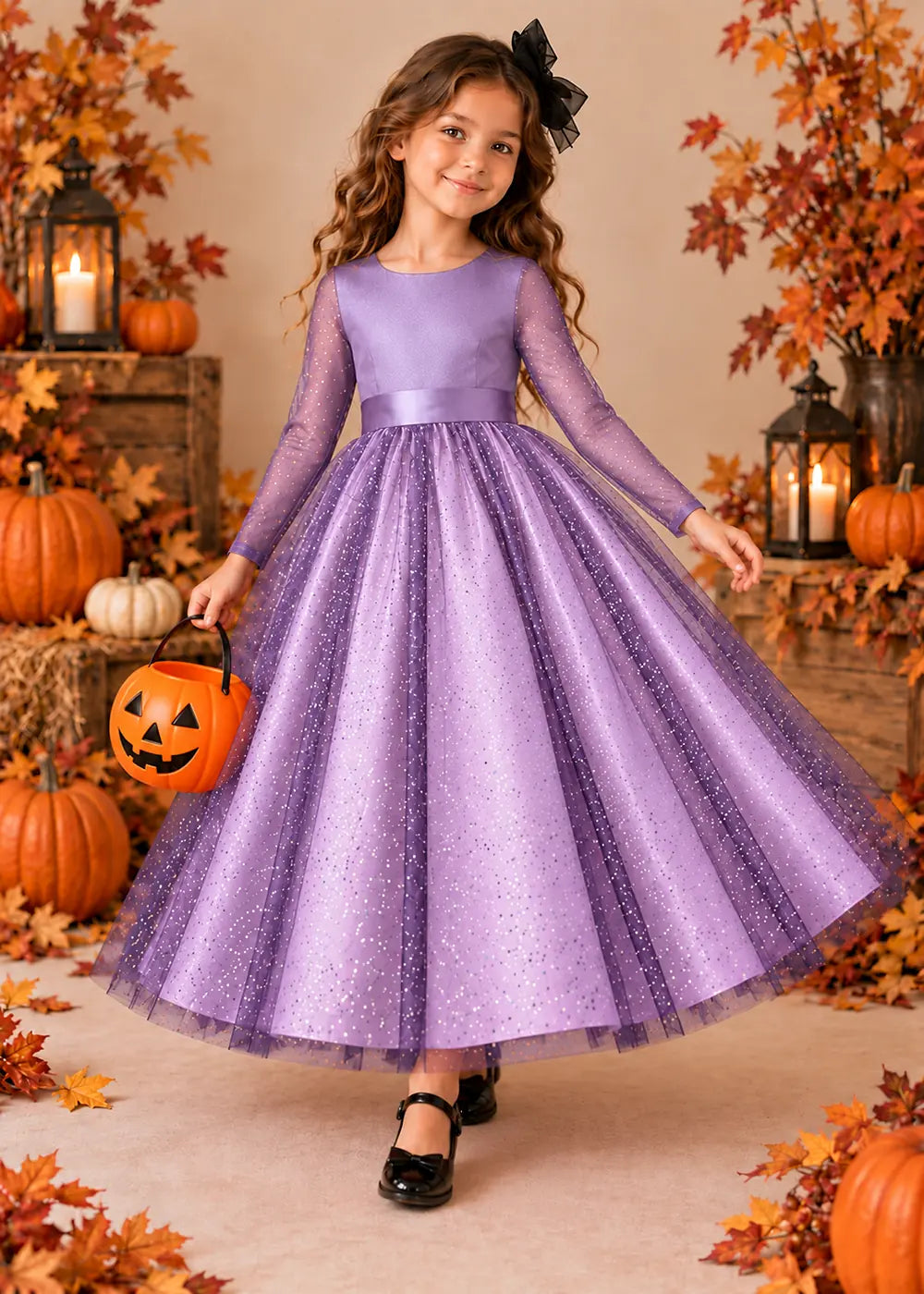 Front view of a lavender long-Sleeve Glitter Tulle Halloween Dress.