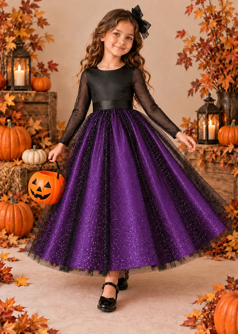 Front view of a purple long-Sleeve Glitter Tulle Halloween Dress.