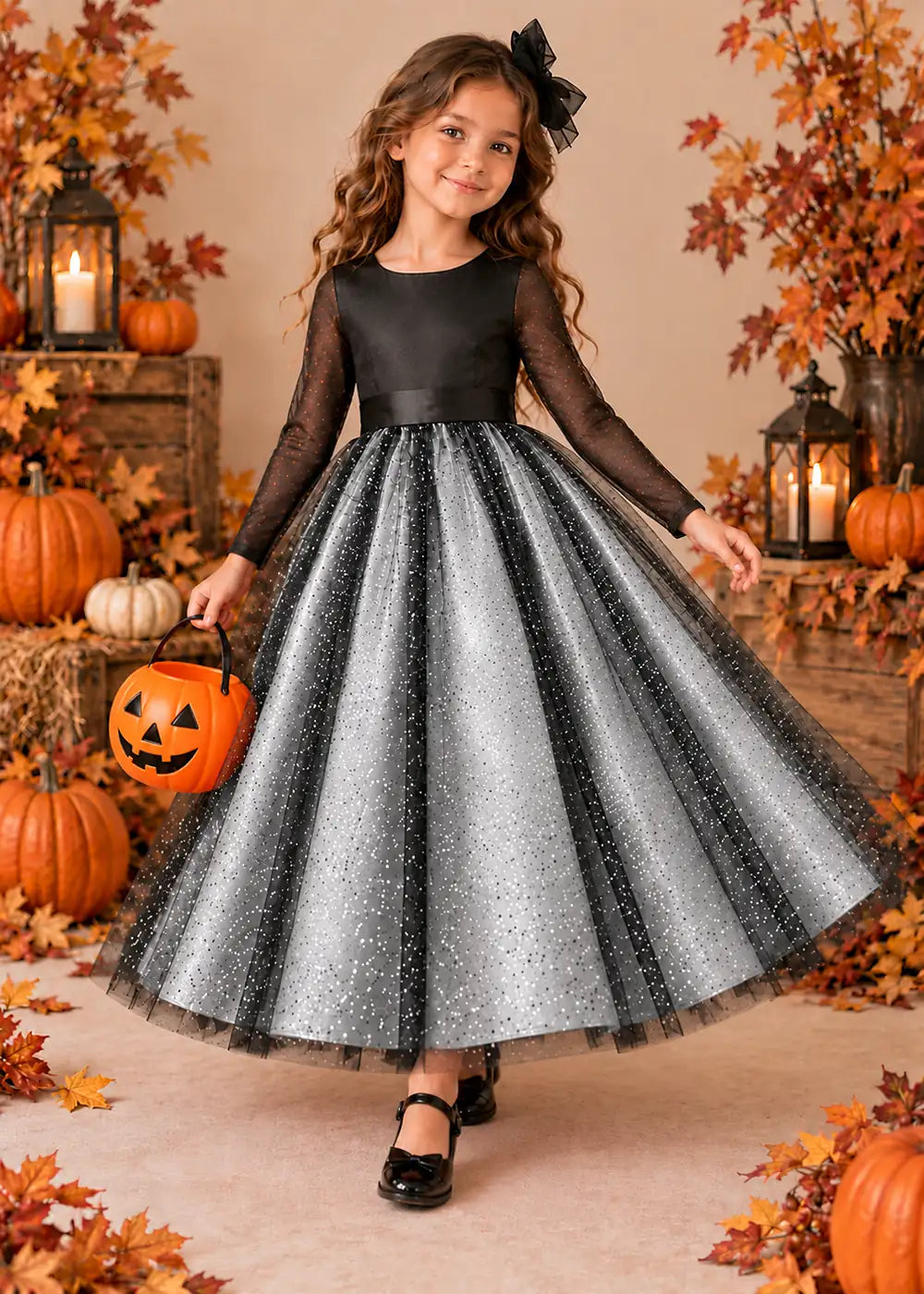 Front view of a silver long-Sleeve Glitter Tulle Halloween Dress.