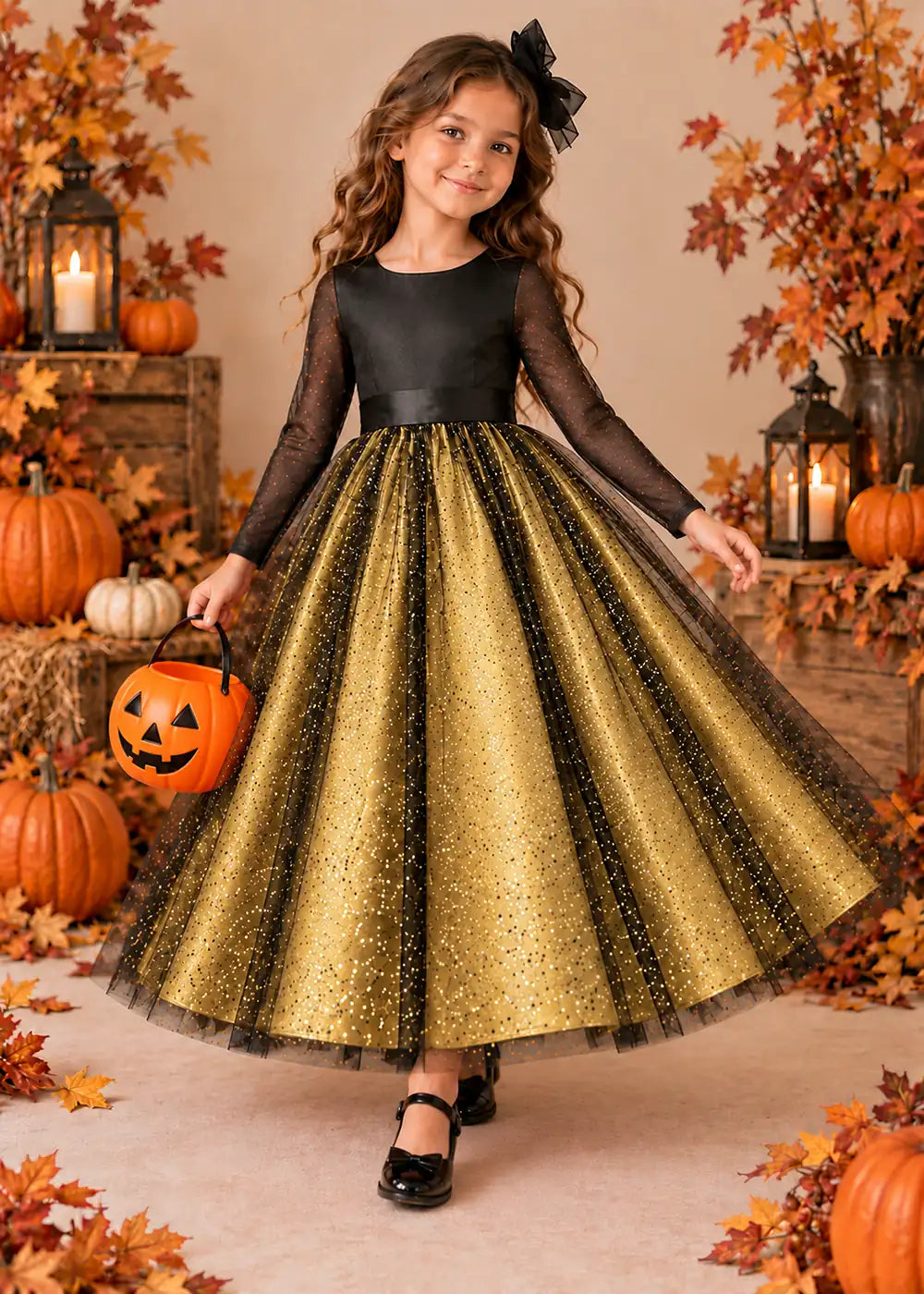 Front view of a yellow long-Sleeve Glitter Tulle Halloween Dress.
