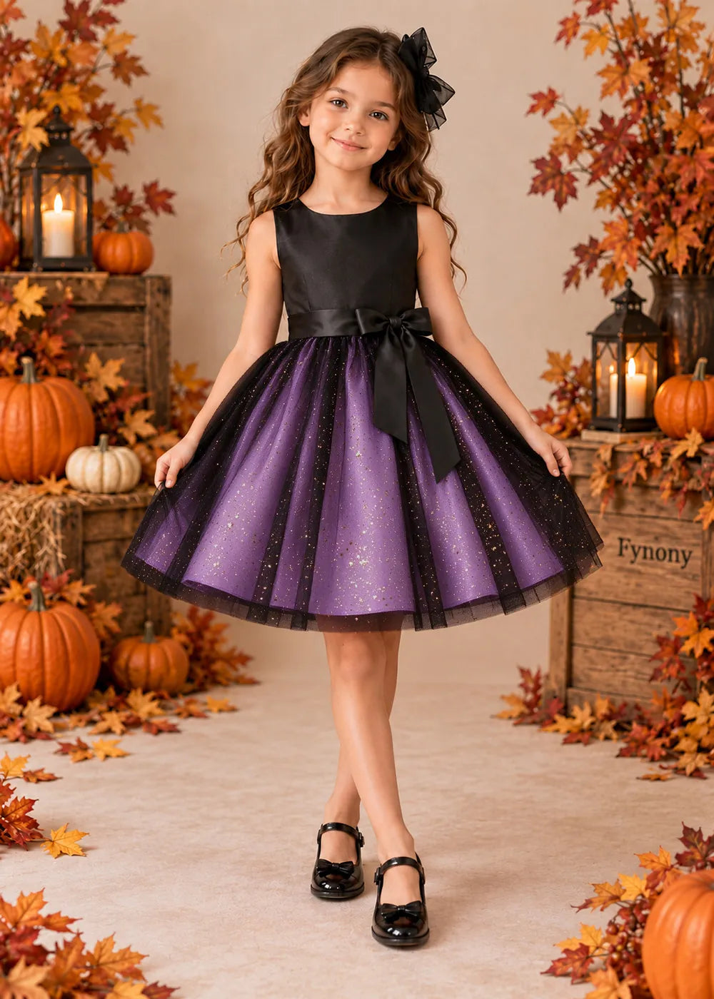 Front view of a lavender sleeveless Flower Girl Dress with Front Bow.