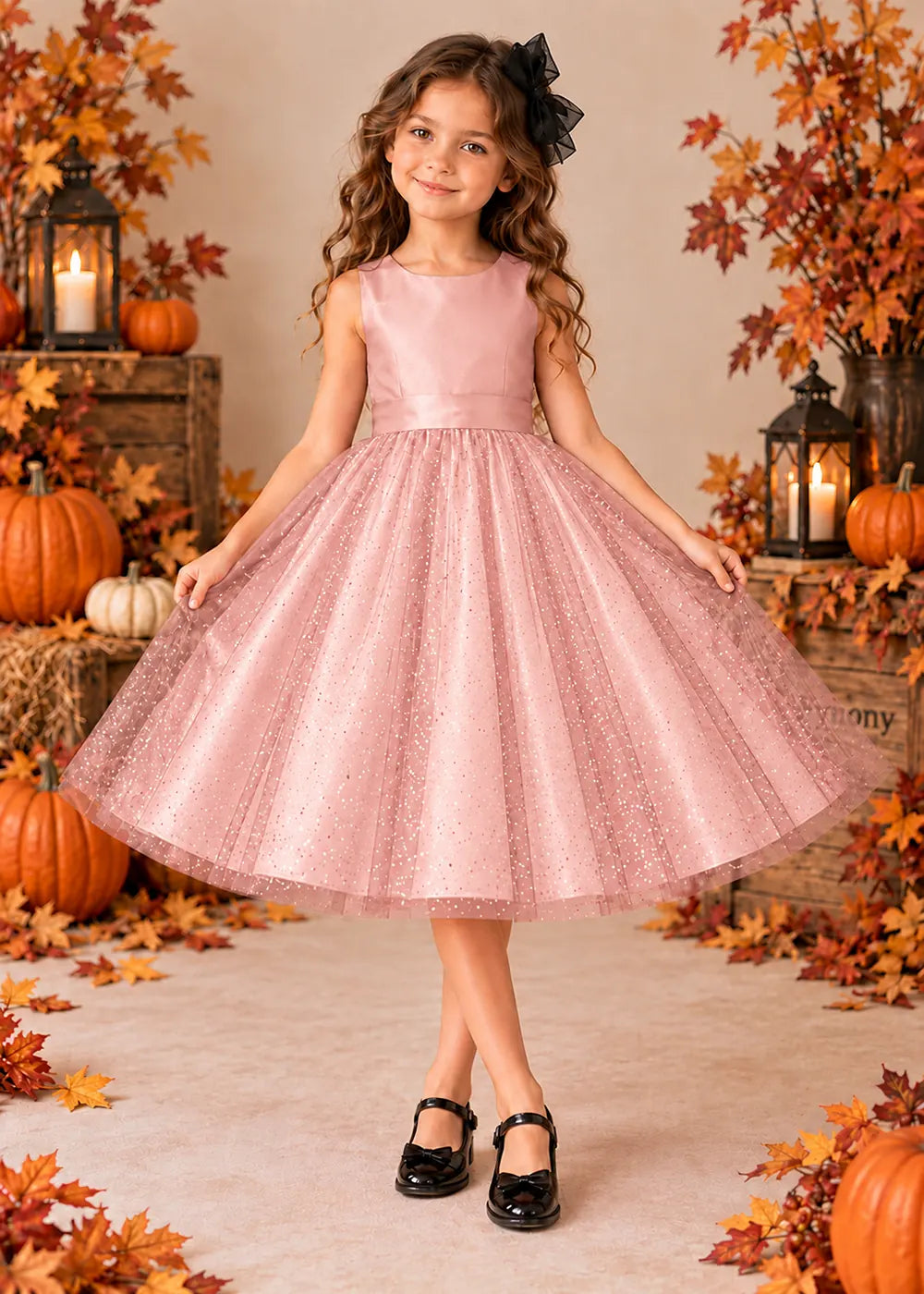 Front view of a blush pink sleeveless Flower Girl Dress with Back Bow.
