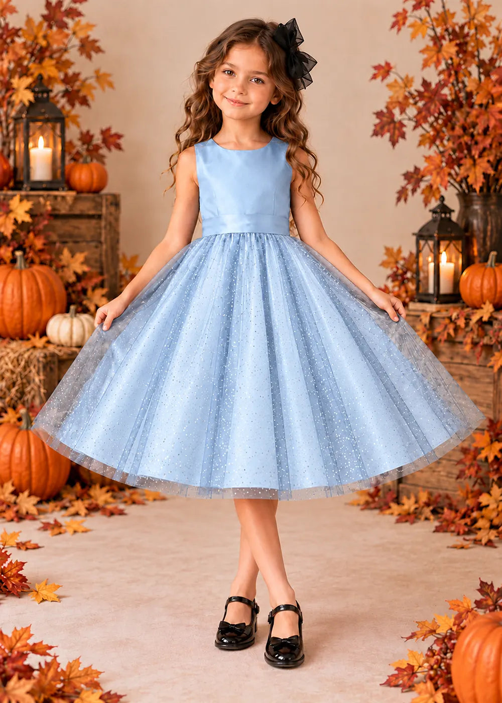 Front view of a light blue sleeveless Flower Girl Dress with Back Bow.