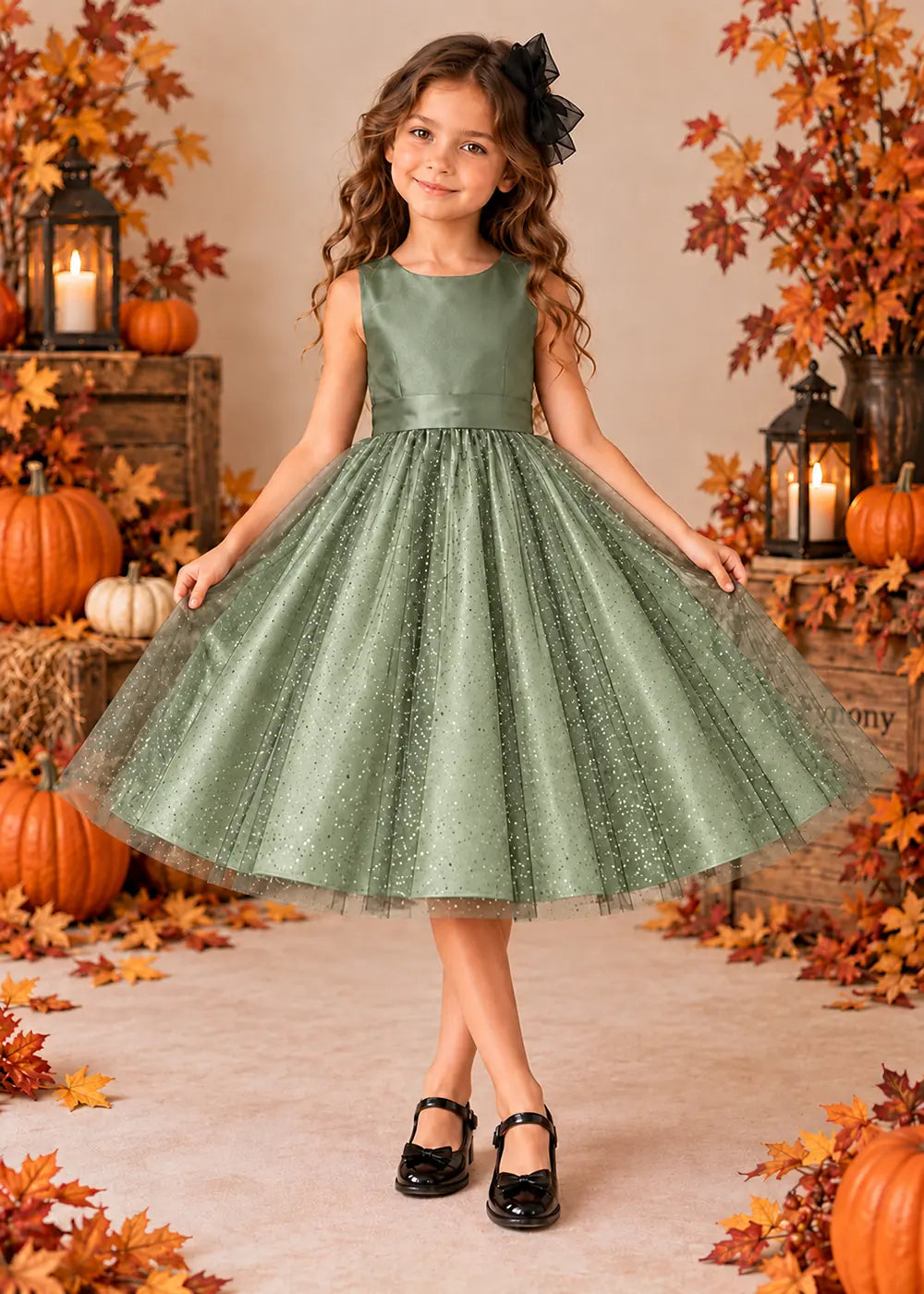 Front view of a light green sleeveless Flower Girl Dress with Back Bow.