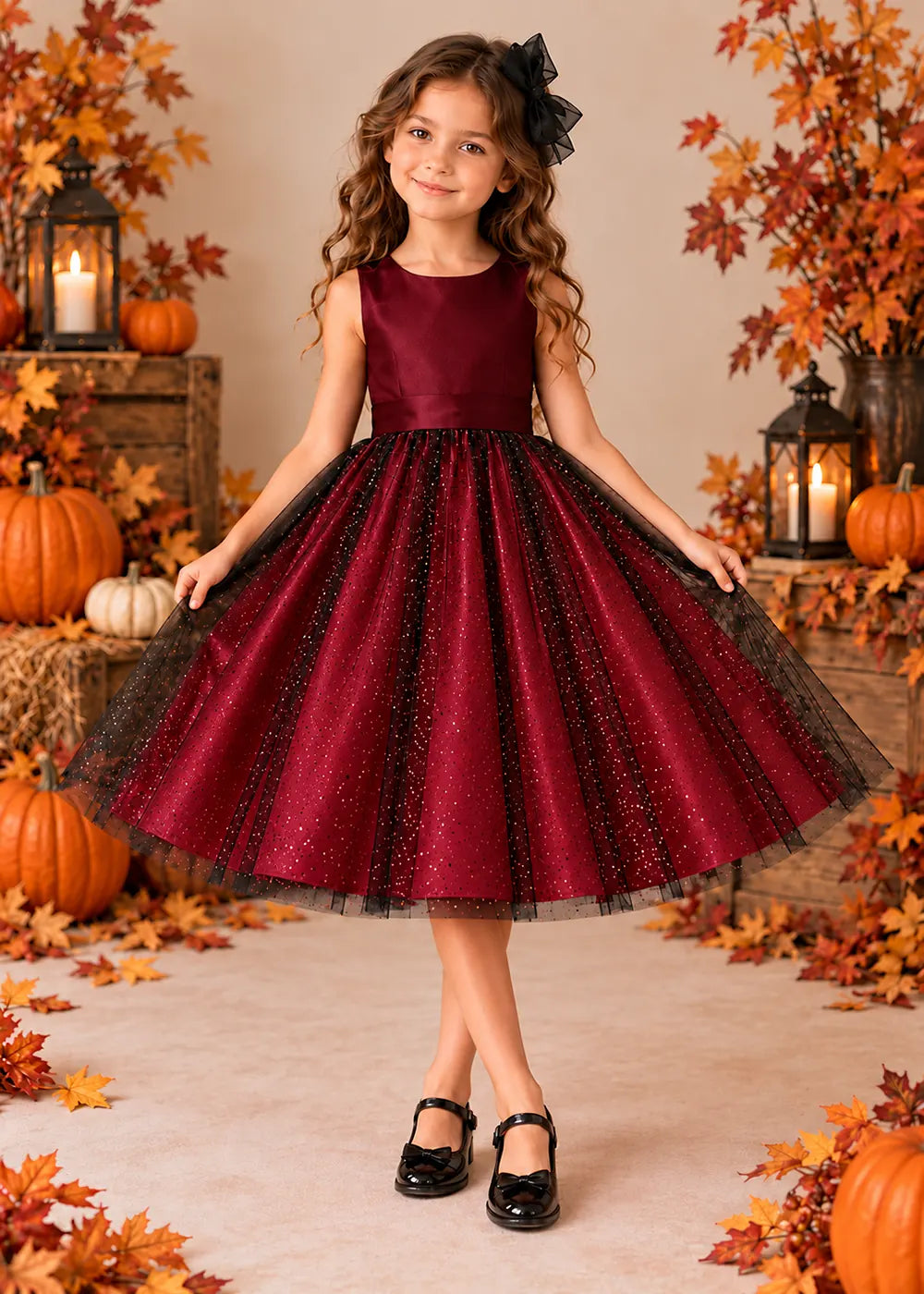 Front view of a red sleeveless Flower Girl Dress with Back Bow.