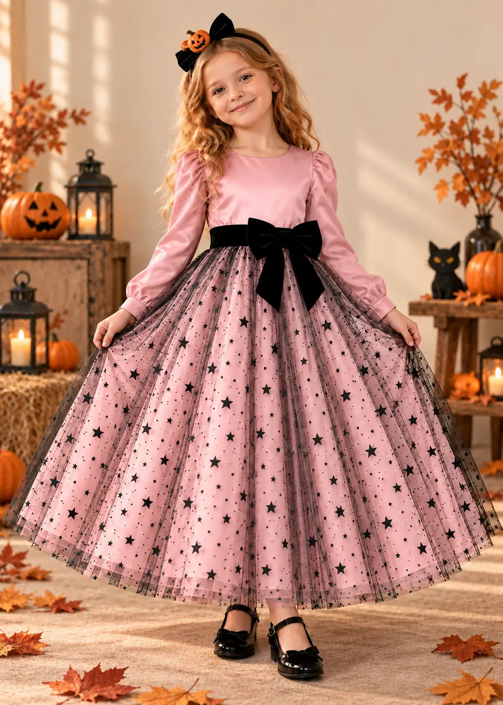 Front view of a blush pink long-Sleeve Star Tulle Flower Girl Dress with Bow.