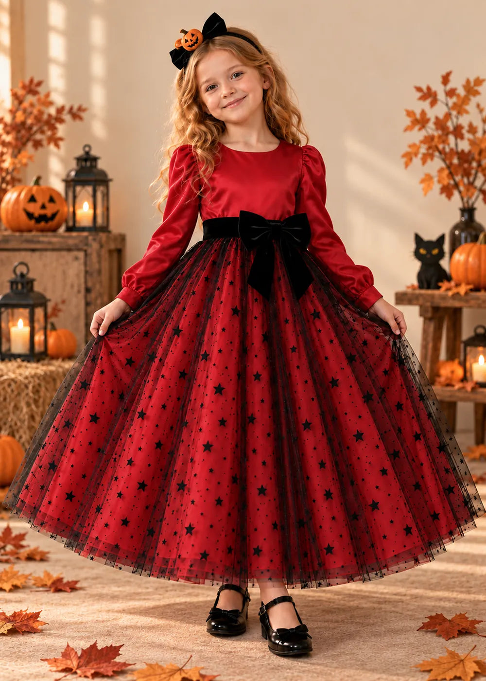 Front view of a burgundy long-Sleeve Star Tulle Flower Girl Dress with Bow.