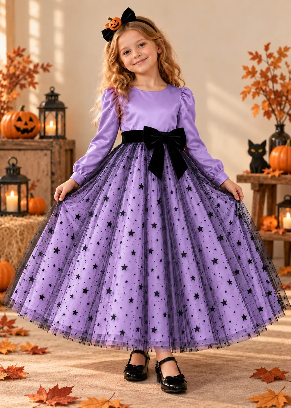 Front view of a lavender long-Sleeve Star Tulle Flower Girl Dress with Bow.