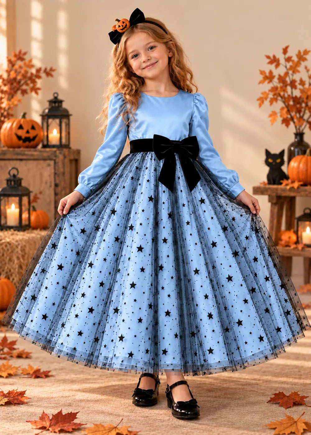 Front view of a light blue long-Sleeve Star Tulle Flower Girl Dress with Bow.