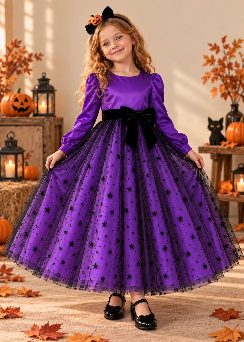 Front view of a purple long-Sleeve Star Tulle Flower Girl Dress with Bow.