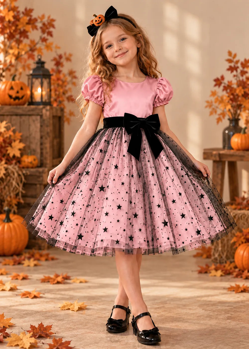 Front view of a blush pink star Tulle Flower Girl Dress with Puff Sleeves and Bow.
