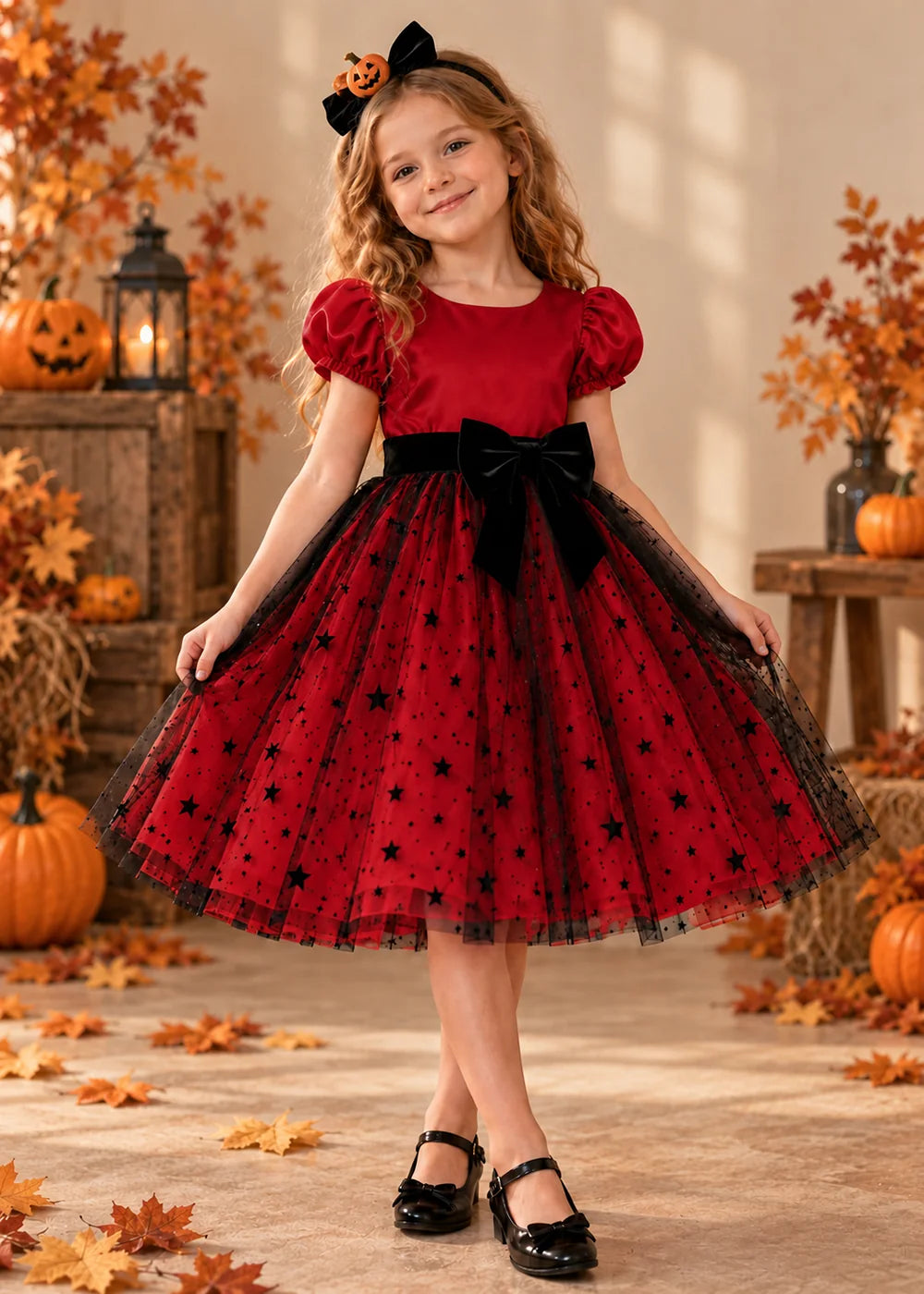 Front view of a burgundy star Tulle Flower Girl Dress with Puff Sleeves and Bow.