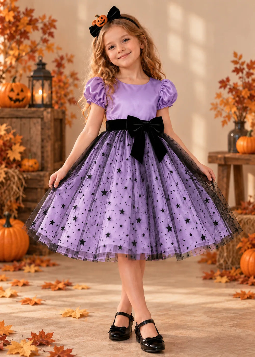 Front view of a lavender star Tulle Flower Girl Dress with Puff Sleeves and Bow.