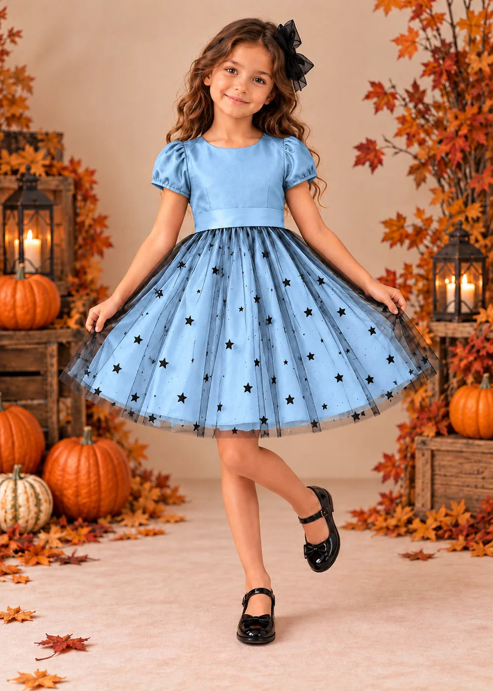 Front view of a light blue puff-Sleeve Star Tulle Flower Girl Dress.