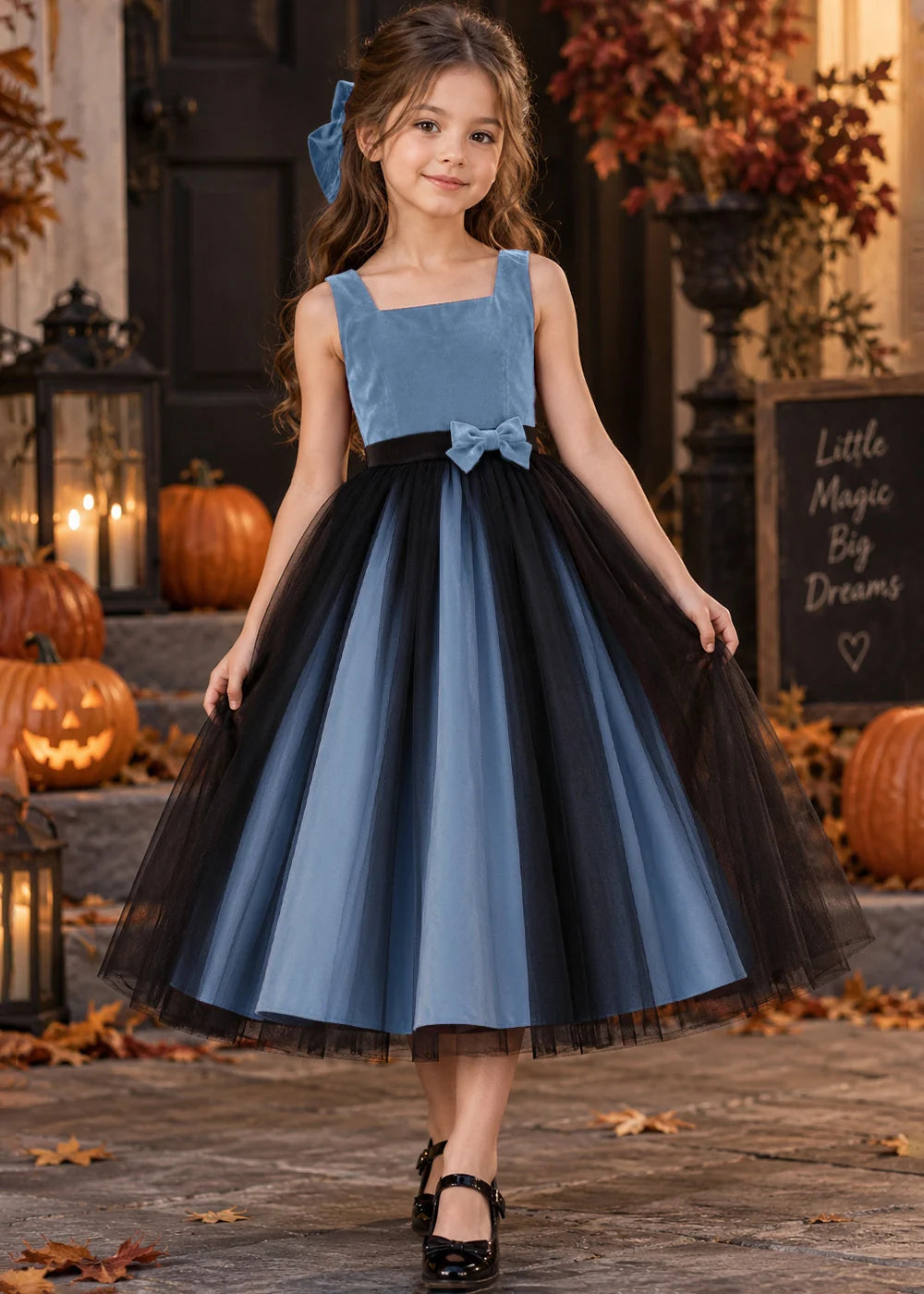 Front view of a light blue sleeveless Flower Girl Dress.