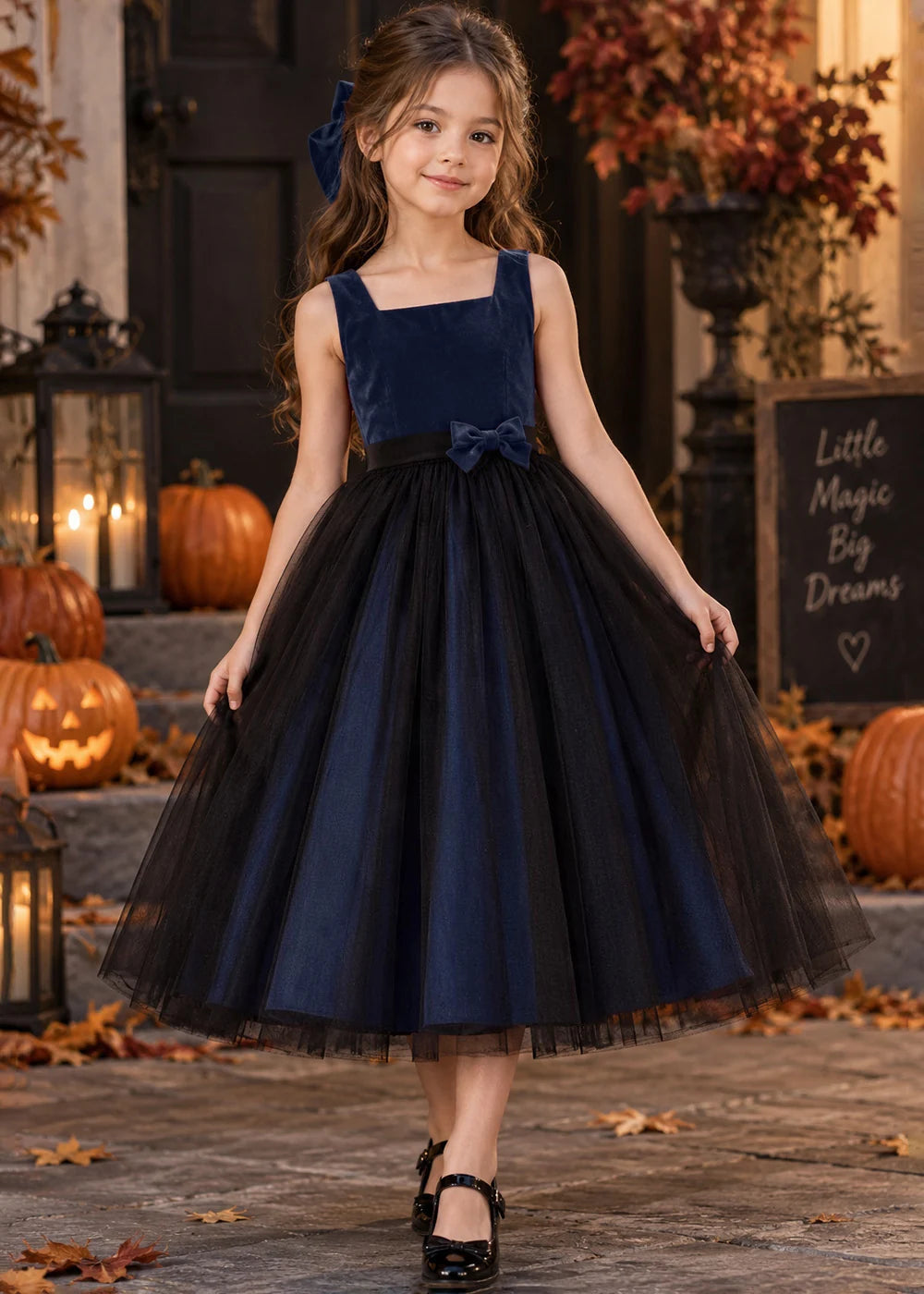 Front view of a navy blue sleeveless Flower Girl Dress.