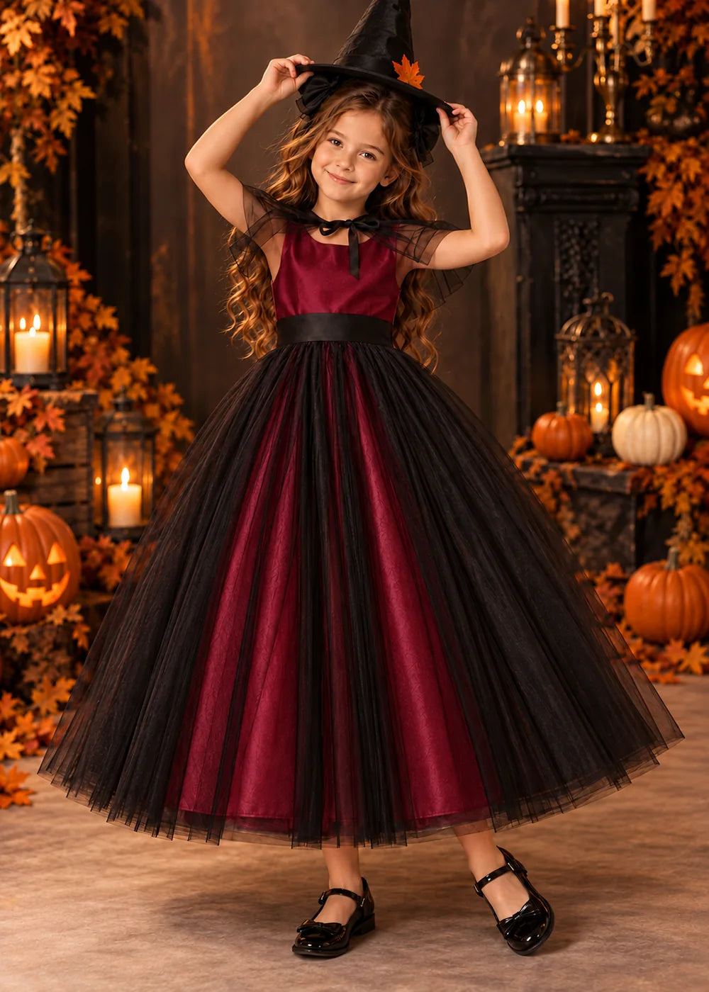 Front view of a burgundy and Black Flower Girl Dress with Sheer Neckline Tie.