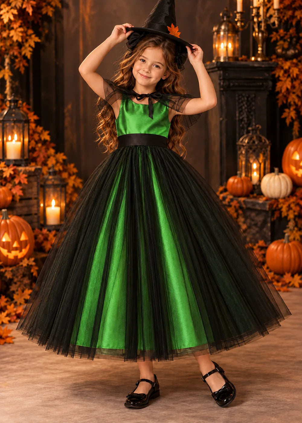 Front view of a emerald green and Black Flower Girl Dress with Sheer Neckline Tie.