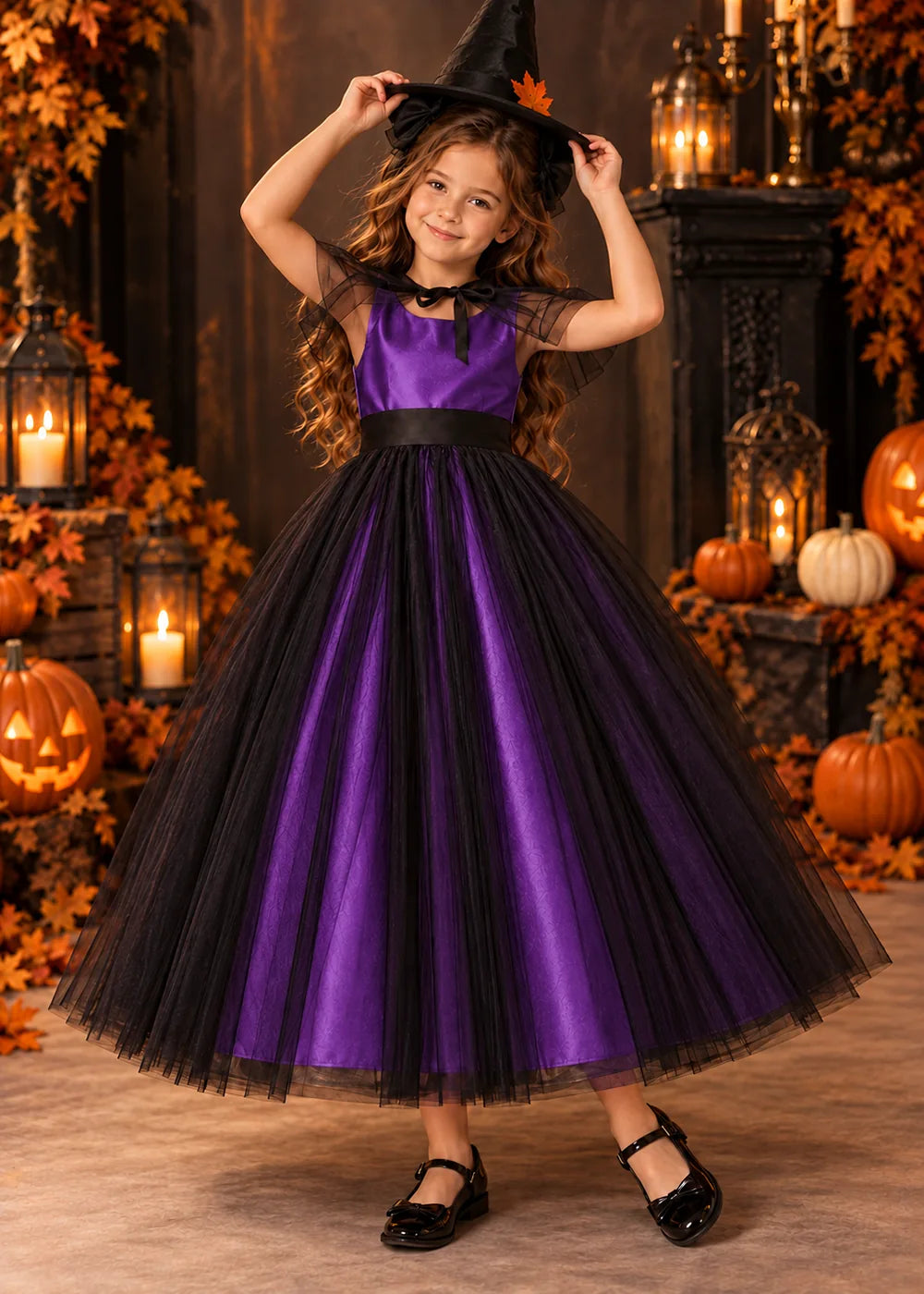 Front view of a purple and Black Flower Girl Dress with Sheer Neckline Tie.