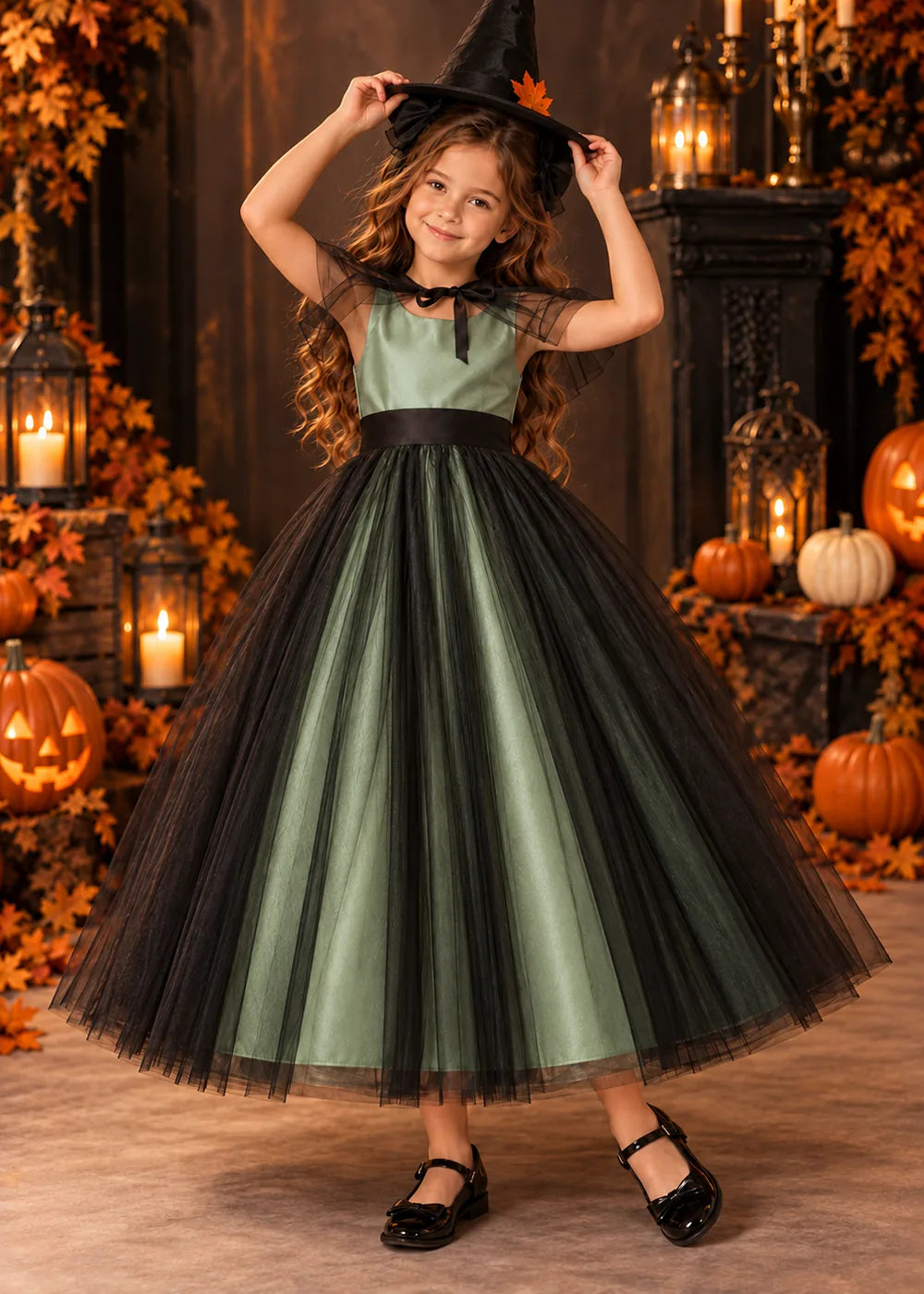 Front view of a sage green and Black Flower Girl Dress with Sheer Neckline Tie.