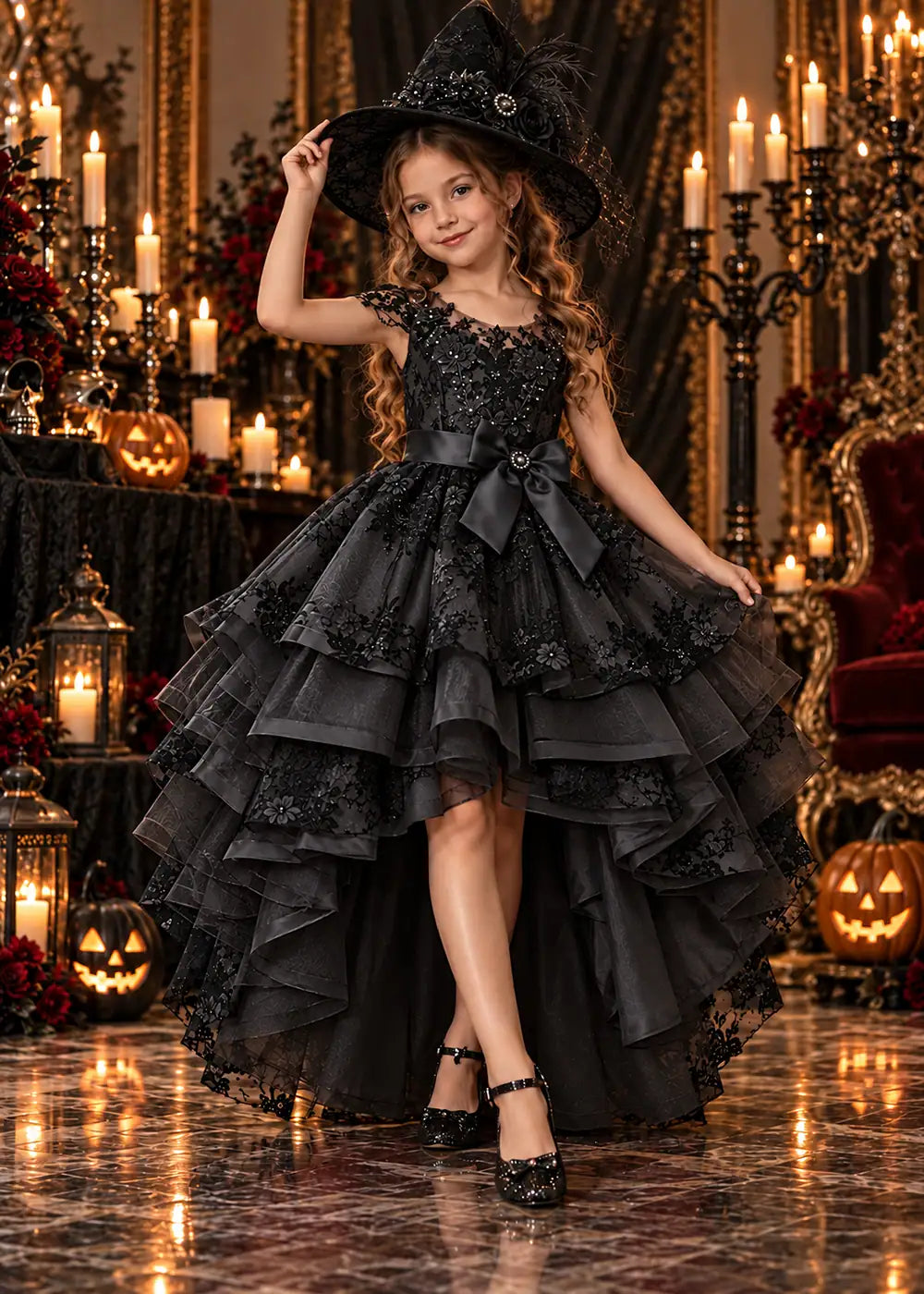 Front view of a black high-Low Flower Girl Dress with Black Floral Lace.