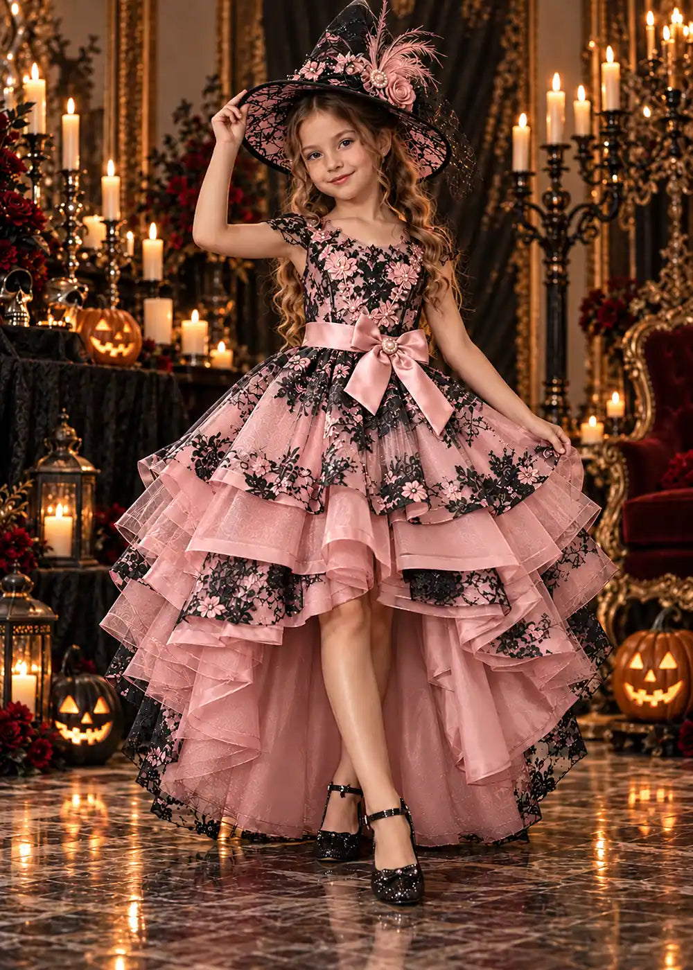 Front view of a blush pink high-Low Flower Girl Dress with Black Floral Lace.