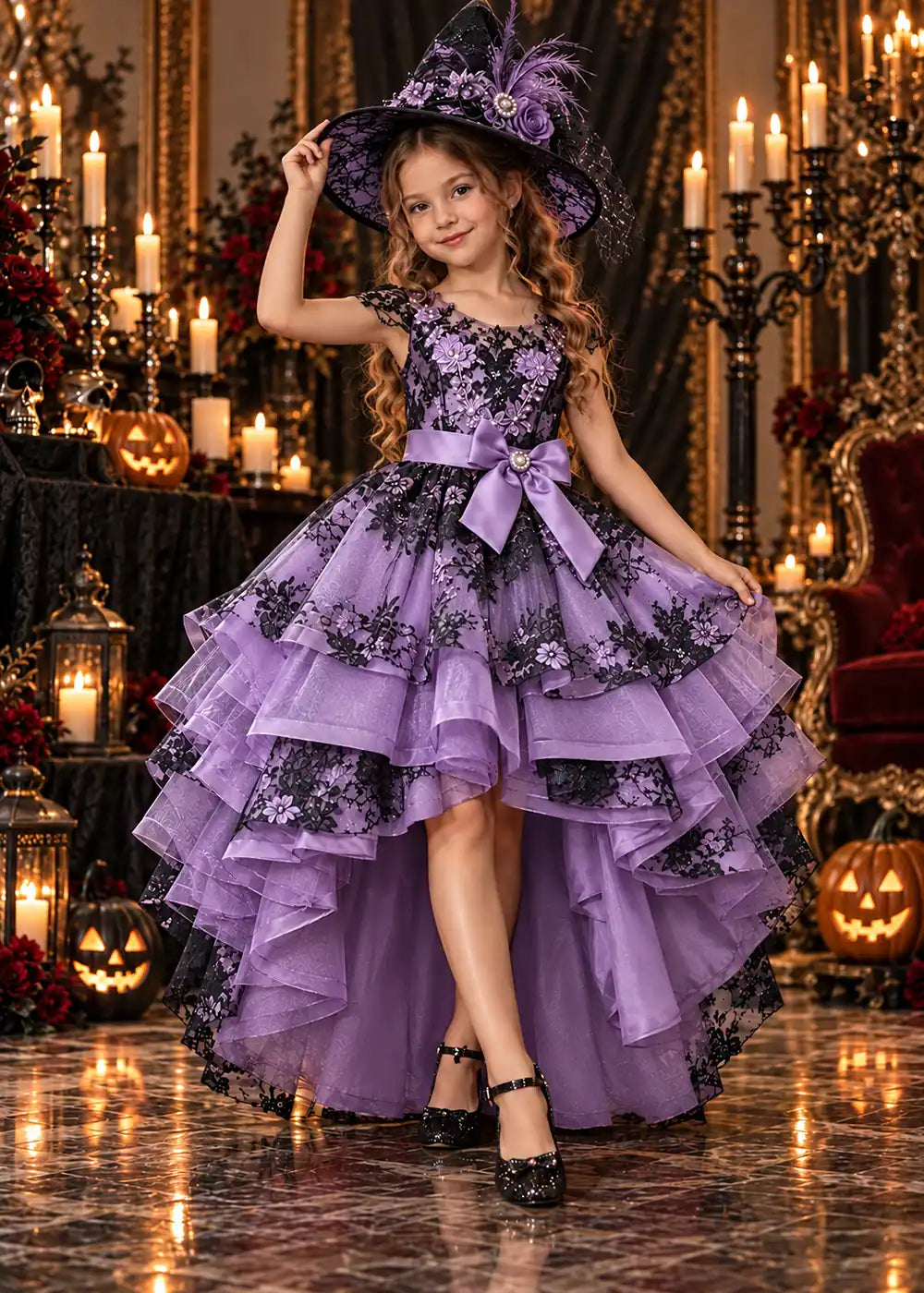 Front view of a lavender high-Low Flower Girl Dress with Black Floral Lace.
