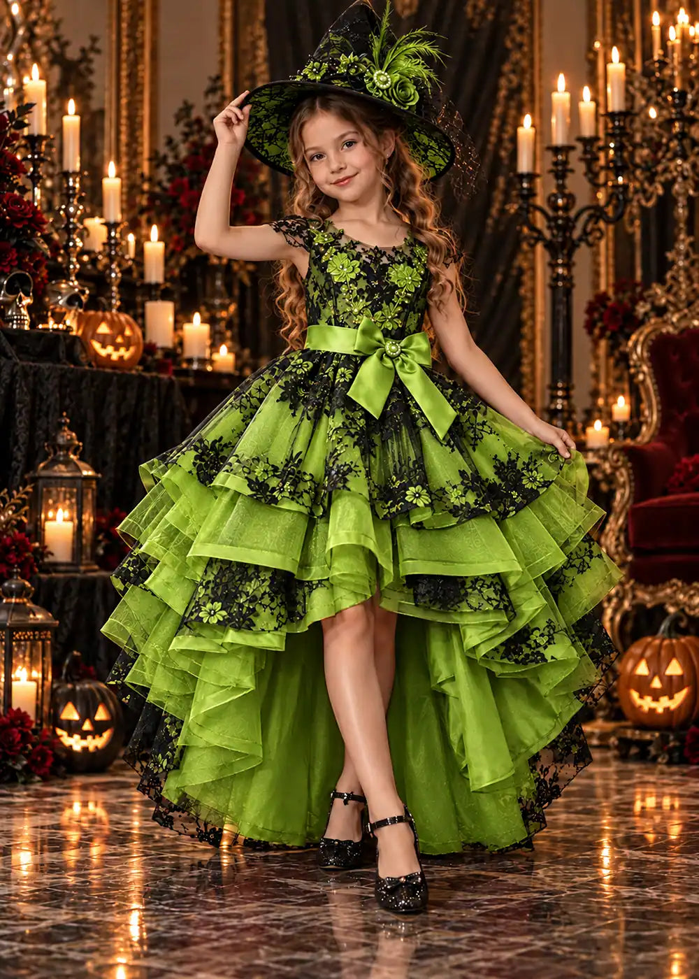 Front view of a light green high-Low Flower Girl Dress with Black Floral Lace.