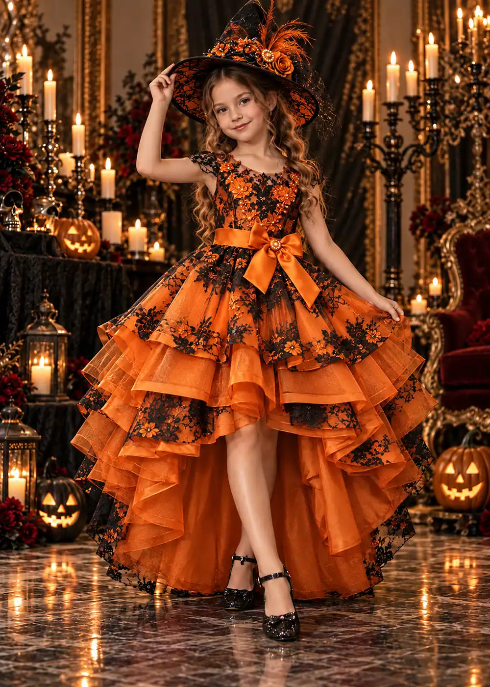 Front view of a pumpkin orange high-Low Flower Girl Dress with Black Floral Lace.