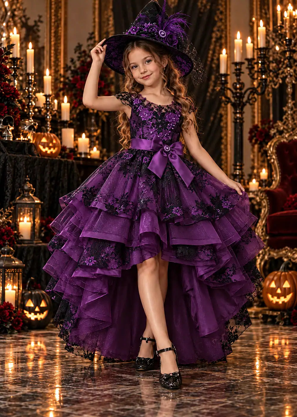 Front view of a purple high-Low Flower Girl Dress with Black Floral Lace.
