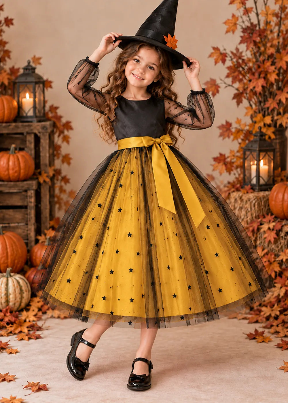 Front view of a gold star Tulle Flower Girl Dress with Sheer Sleeves.