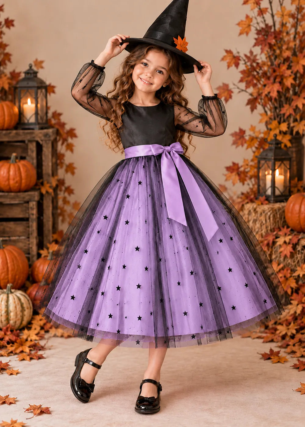 Front view of a lavender star Tulle Flower Girl Dress with Sheer Sleeves.
