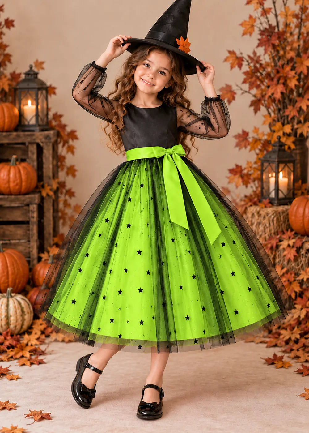 Front view of a light green star Tulle Flower Girl Dress with Sheer Sleeves.