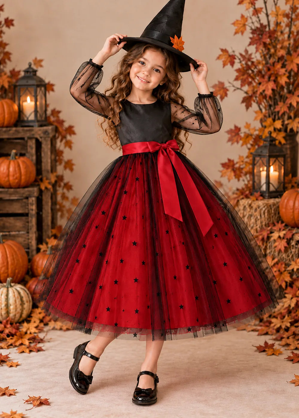 Front view of a red star Tulle Flower Girl Dress with Sheer Sleeves.