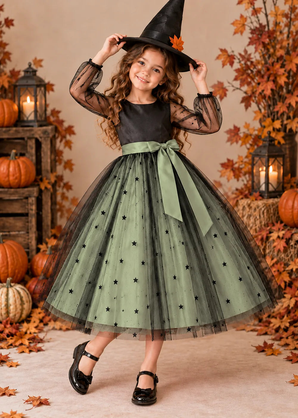 Front view of a sage green star Tulle Flower Girl Dress with Sheer Sleeves.