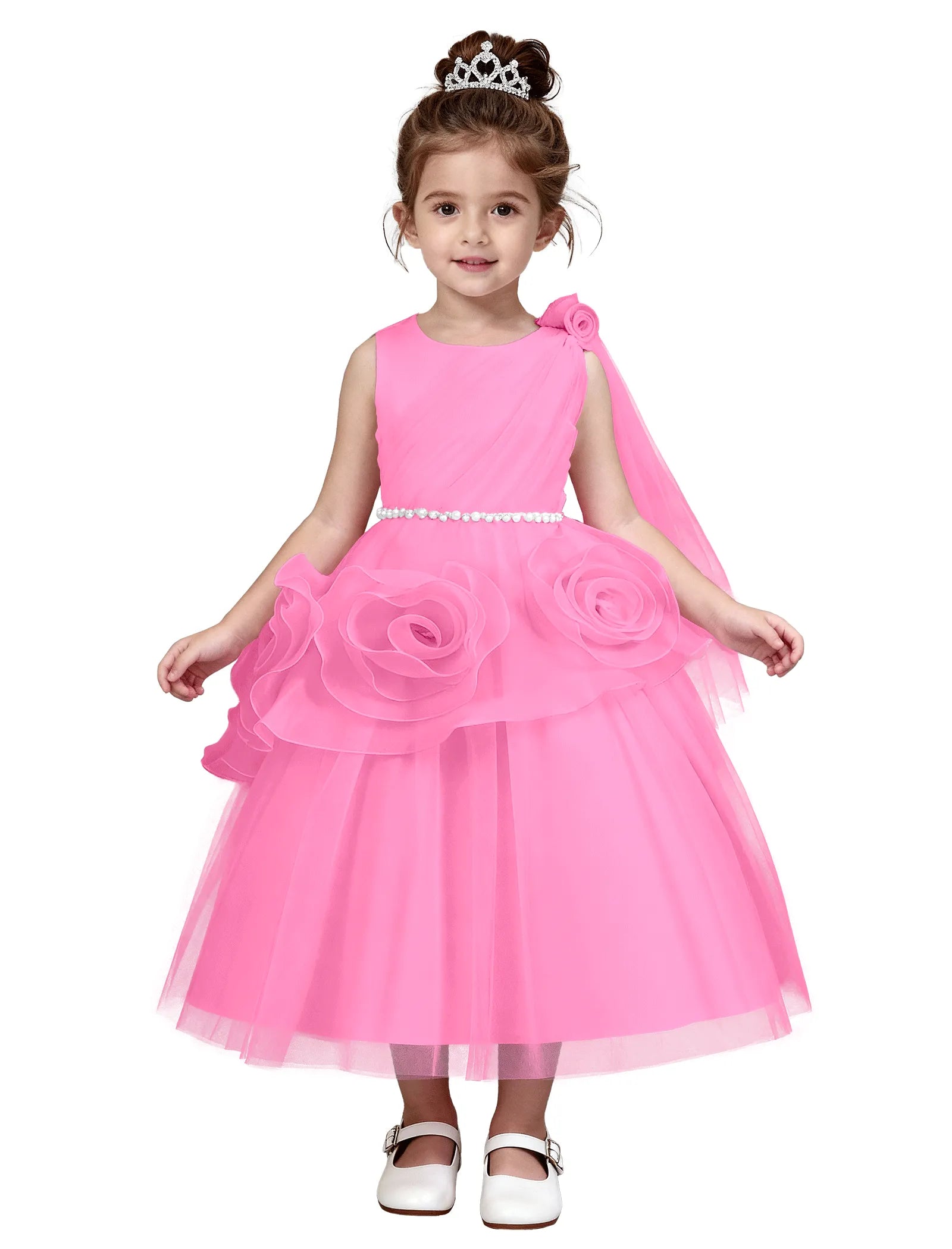 3D Flower Girl Dress with Shoulder Train