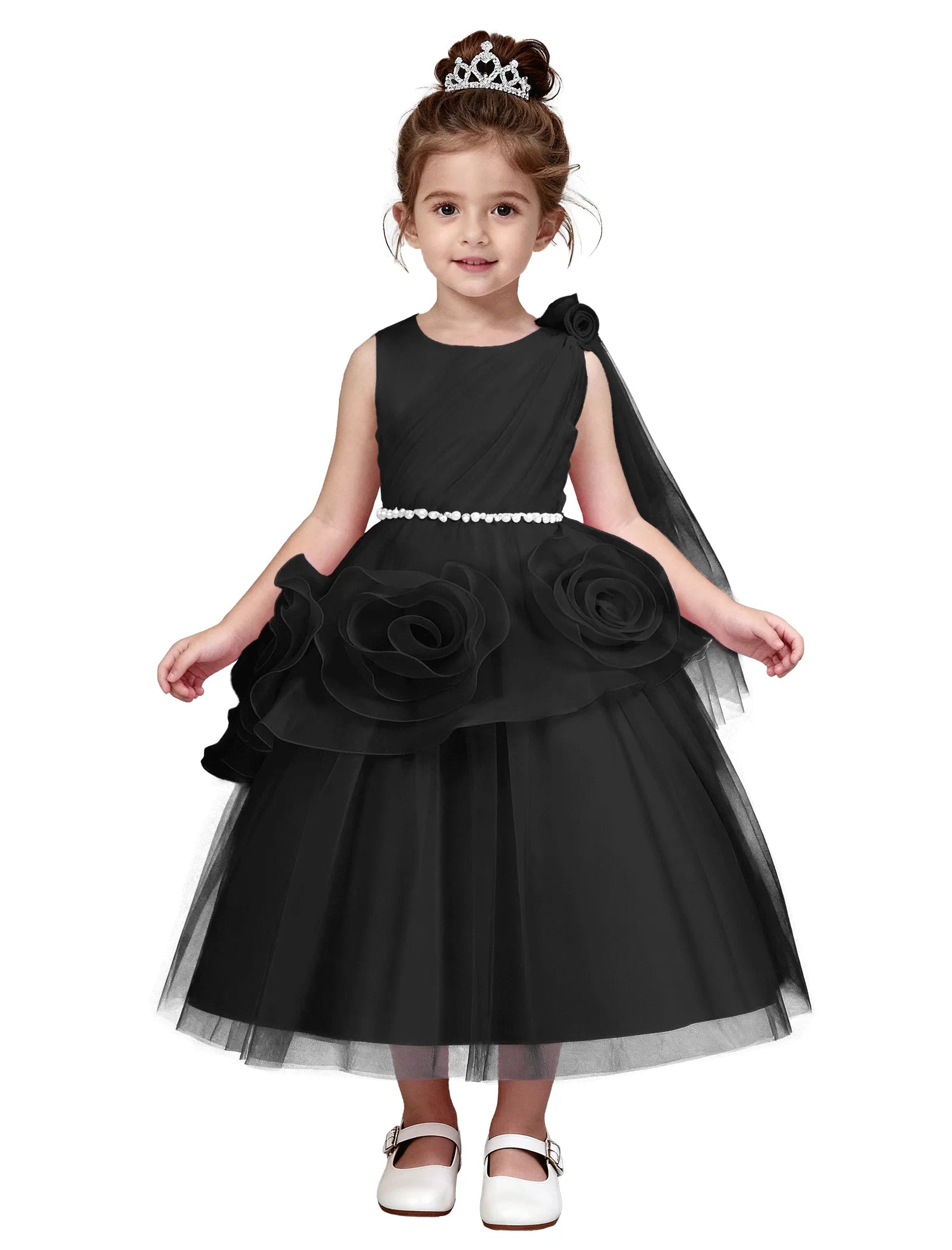 3D Flower Girl Dress with Shoulder Train