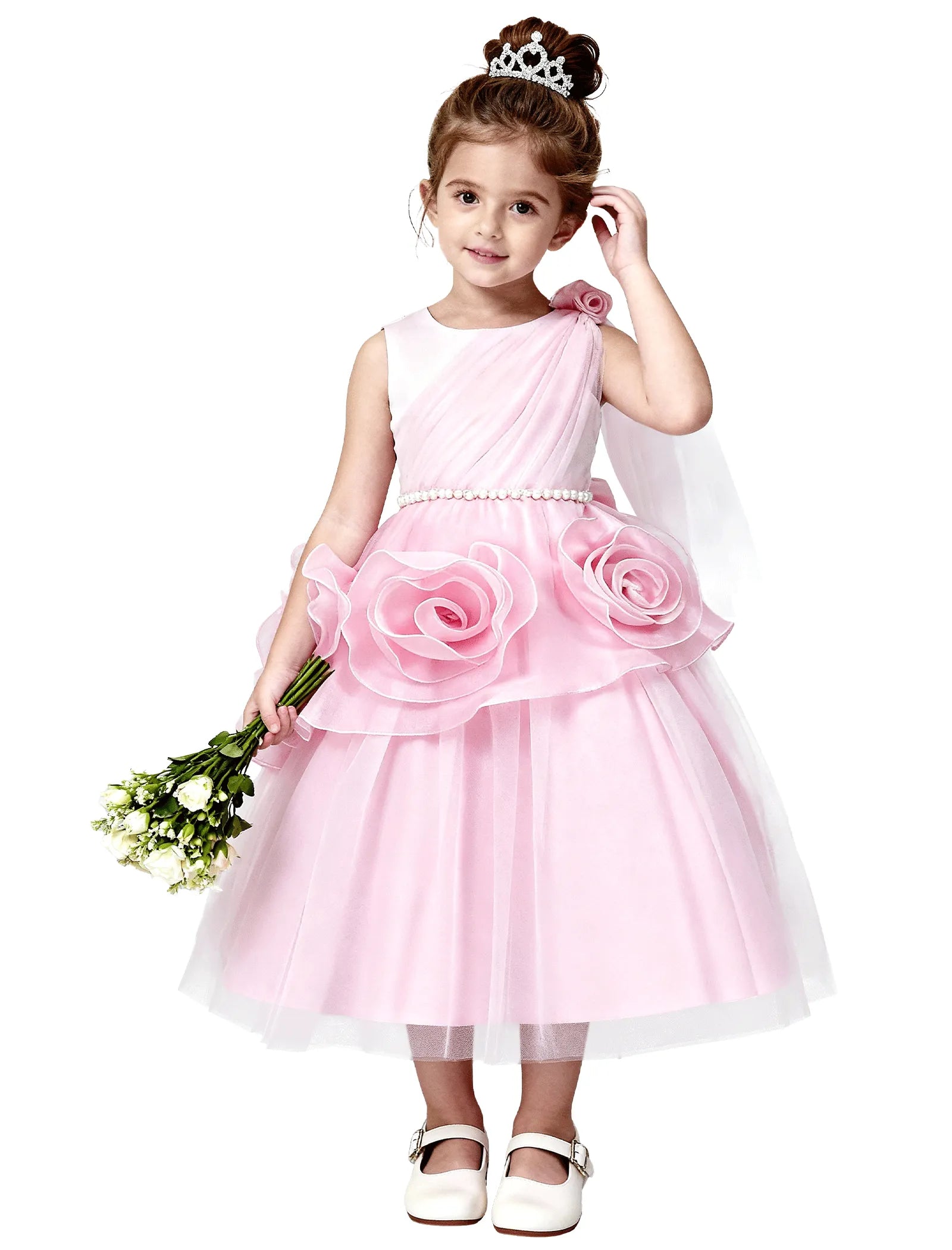3D Flower Girl Dress with Shoulder Train