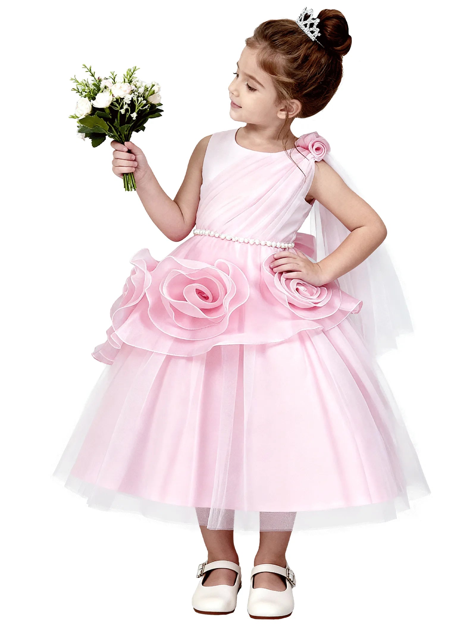 3D Flower Girl Dress with Shoulder Train