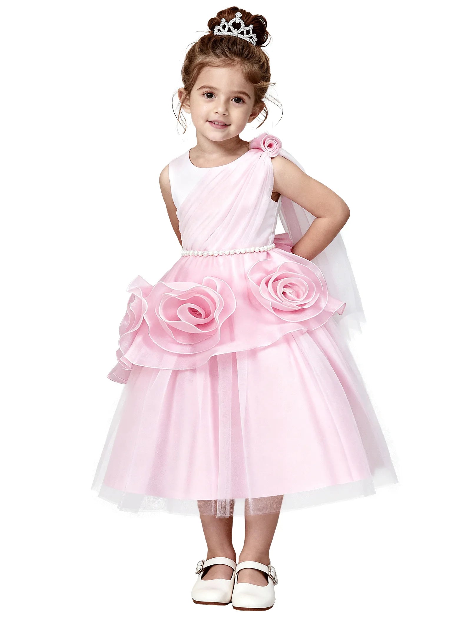 3D Flower Girl Dress with Shoulder Train