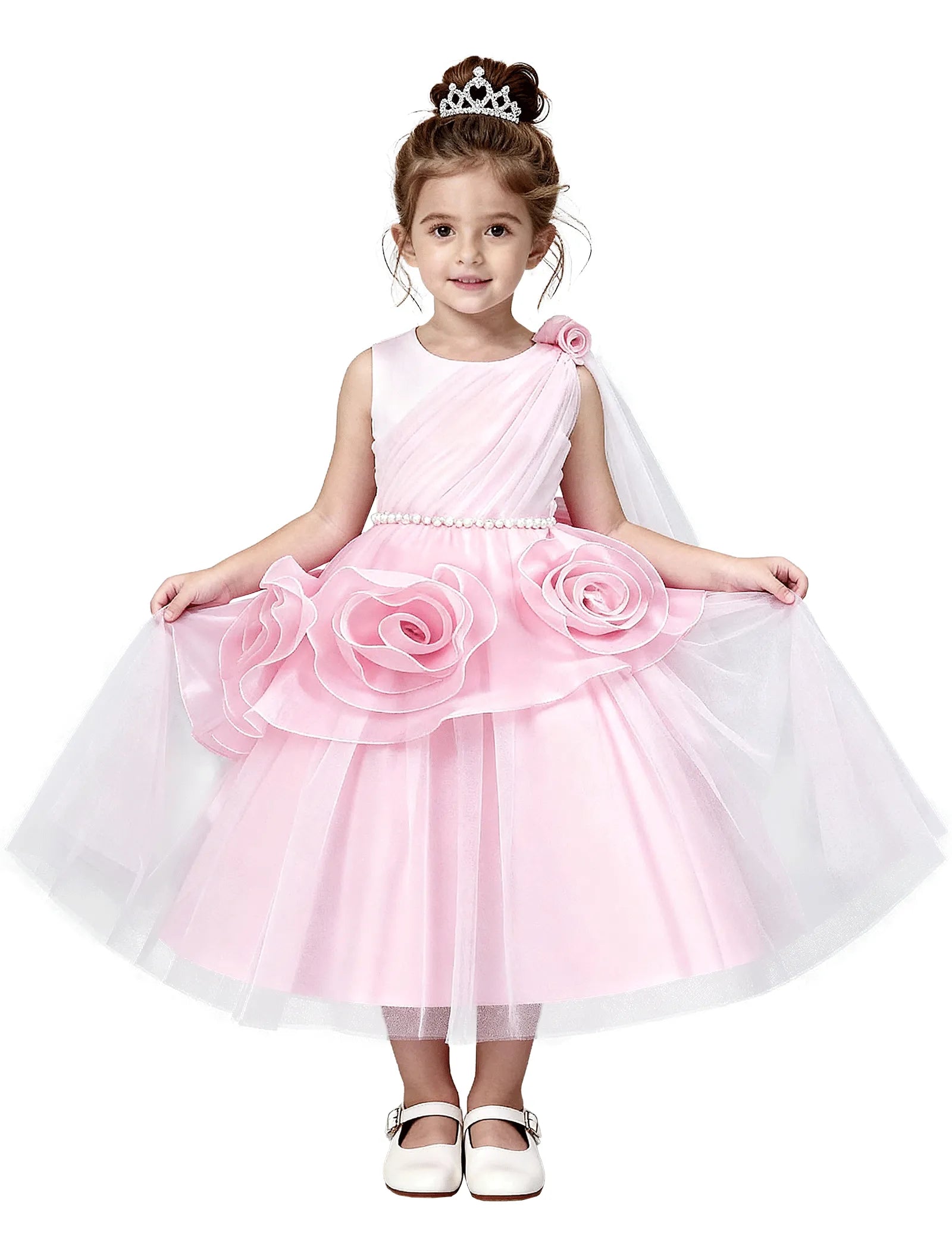 3D Flower Girl Dress with Shoulder Train
